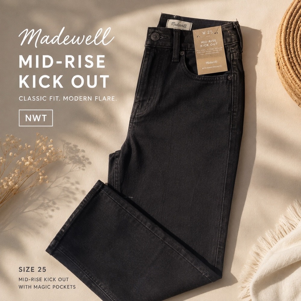 Madewell Mid-Rise Kick Out Jeans Black Magic‎ Pockets Ankle Flare W25 NWT BB015